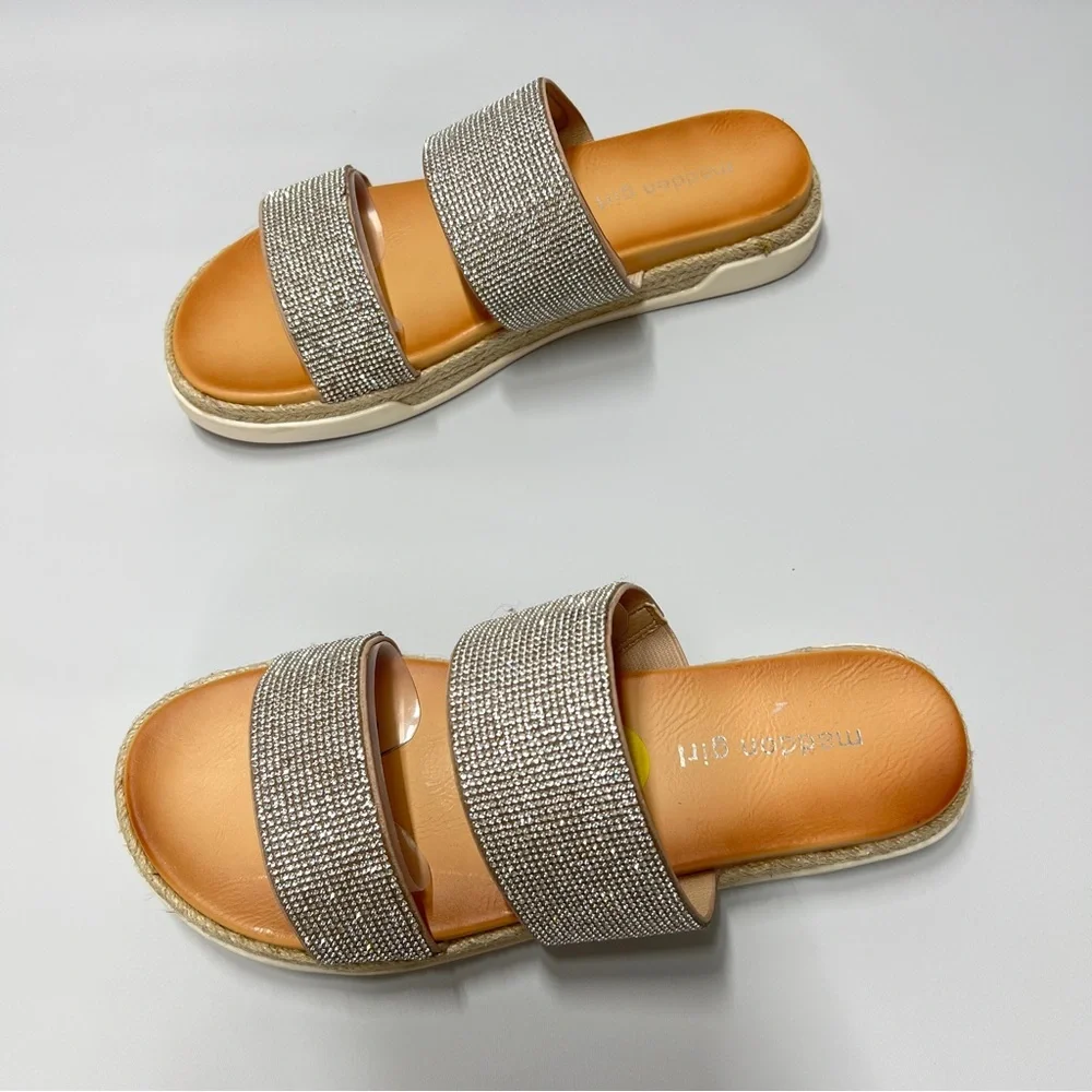 MADDEN GIRL women’s Size 9 Double strap slip on Silver Studded Sandal
